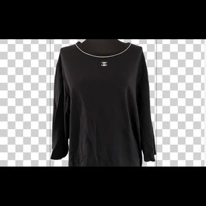 Chanel Uniform Black Jersey Top with White Trim Around Neck with CC Logo.